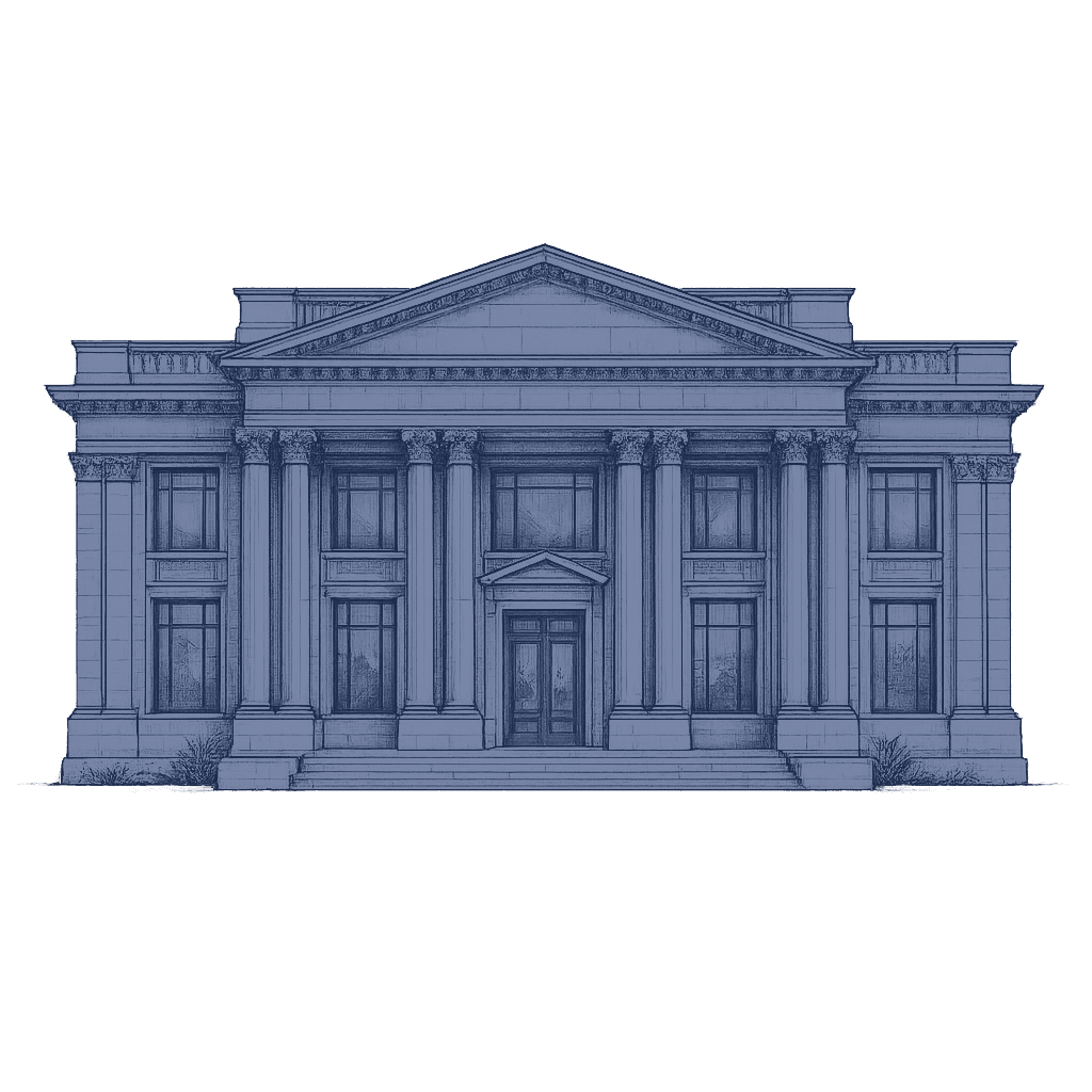 Dessin à l'encre d'un édifice bancaire à colonnes